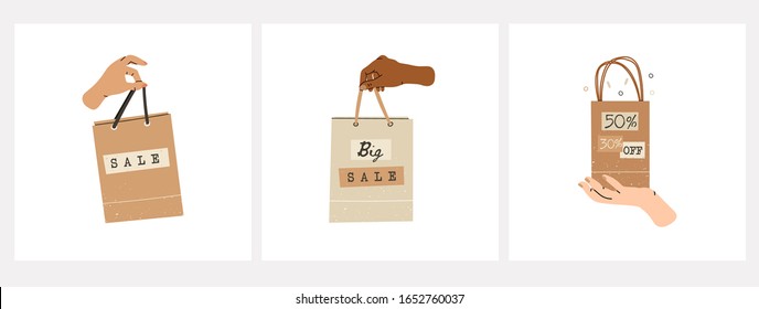 Female hand holding craft paper Shopping or gift Bag. Big Sale sign. percents off. Sack for purchases, presents. Set of three Hand drawn vector illustrations. Shopping, sale concept