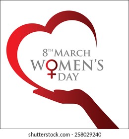 Female hand holding creative heart shape with women day logo | 8th march Women's day red background | Mothers day background