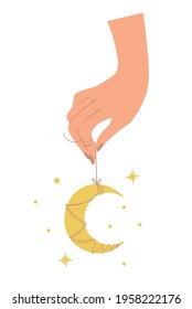 Female hand holding a crescent moon amulet, flat design in boho style. Magic symbol for witchcraft, astrology, palmistry, tarot. Vector illustration isolated on white background.