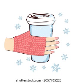 Female hand holding a Cup of coffee in winter. Vector illustration.