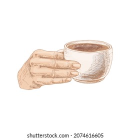 Female hand holding a cup of coffee. Side view. Vintage vector hatching color illustration isolated on white background