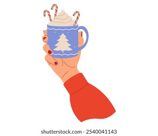 Mano femenina que sostiene la taza de la bebida caliente. Ilustración vectorial para diseños acogedores, promociones de cafeterías y efectos visuales cálidos y reconfortantes