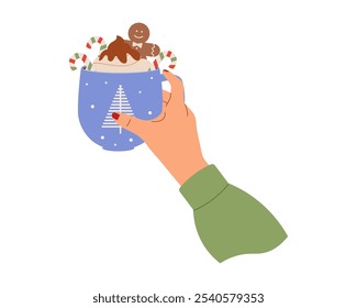 Mano femenina que sostiene la taza de la bebida caliente. Ilustración vectorial para diseños acogedores, promociones de cafeterías y efectos visuales cálidos y reconfortantes