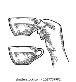 Female hand holding a cup of tea. Vintage black vector engraving illustration for label, web, poster. Isolated on white background