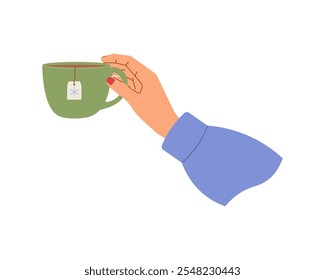 Mano femenina que sostiene la taza de té. Ilustración vectorial para diseños acogedores, promociones de cafeterías y efectos visuales cálidos y reconfortantes