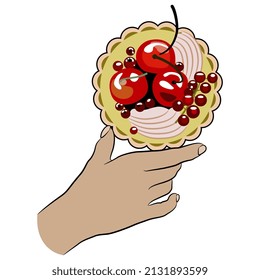 Female hand holding delicious berry tart. Food design. Cartoon style. Isolated vector illustration.