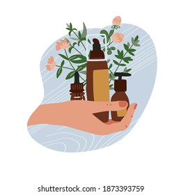 Female hand holding different organic cosmetics tubes and bottles with plants and branches. Fashion illustration. Online store. Vector flat hand drawn illustration.