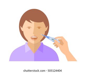 Female hand is holding digital thermometer and is measuring the temperature of a girl. Vector flat concept illustration isolated on white background. Design element for infographic and social network.