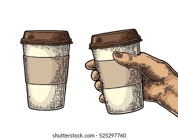 Female hand holding a disposable cup of coffee with cardboard holder and cap. Vintage color vector engraving illustration for label, web, flayer. Isolated on white background