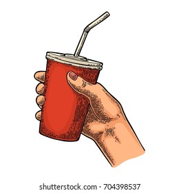 Female hand holding a disposable paper red cup cola with straws and cap. Isolated on white background. Vector color engraving illustration for poster, menus, web, banner, icon