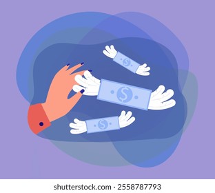 Female hand holding dollar bill with wings. Banknotes or cash flying around flat vector illustration. Finances, investment, wealth, economy concept for banner, website design or landing web page