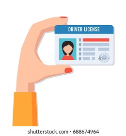 Female hand holding a driving licence women. Indification card ID card with photo. Vector illustration in flat style isolated on white background