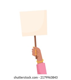 Female hand holding empty banner with place for text vector flat illustration. Pro-choice activist. Activist with empty placard on stick for demonstration or protest isolated on white background.