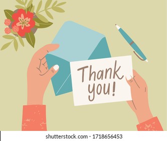 Female hand holding envelope and greeting card with text Thank You. Positive and elegant phrase vector art. Good for poster, postcards. 