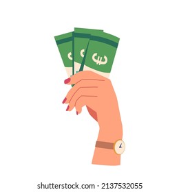 Female Hand Holding Euro Paper Currency Bills. Businesswoman Palm with Money Cash Design Element Isolated on White Background. Giving, Receiving, Charity, Donate Money. Cartoon Vector Illustration .
