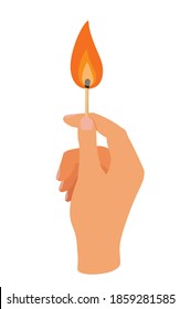 Female hand holding flaming match. Lighting concept. Vector illustration