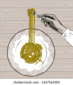 Female hand holding a fork with spaghetti. Vintage stylized drawing. Vector illustration
