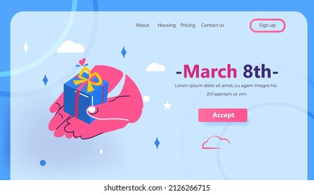 female hand holding gift box international happy womens day celebration concept 8th march greeting card