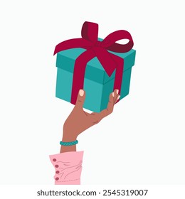 Female hand holding a gift box with ribbon bow. Christmas present, surprise for birthday or holiday. Hand drawn vector illustration isolated on white background, flat cartoon style.