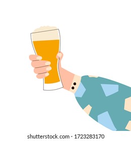 Female hand holding glass of beer. Woman's hans in bright clothes with memphis pattern holding glass. Alcohol drink. Concept of beer lover. Side view. Flat vector illustration