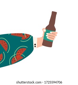 Female hand holding glass of beer. Woman's hans in bright clothes with memphis pattern holding glass. Alcohol drink. Concept of beer lover. Side view. Flat vector illustration