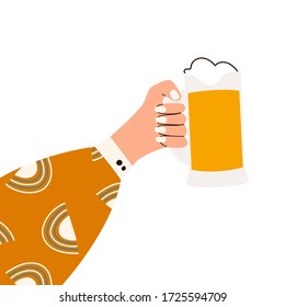 Female hand holding glass of beer. Woman's hans in bright clothes with memphis pattern holding glass. Alcohol drink. Concept of beer lover. Side view. Flat vector illustration