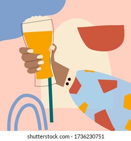 Female hand holding glass of beer. Woman's hans in bright clothes with memphis pattern holding glass. Alcohol drink. Concept of beer lover. Side view. Flat vector illustration