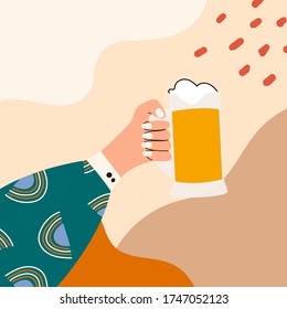 Female hand holding glass of beer. Woman's hand in bright clothes with memphis pattern holding glass. Picture on abstract background. Alcohol drink. Concept of beer lover. Flat vector illustration