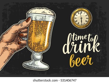 Female hand holding glass beer and antique pocket watch. Vintage vector engraving illustration for web, poster, invitation to party. Time to Drink lettering. Isolated on dark background