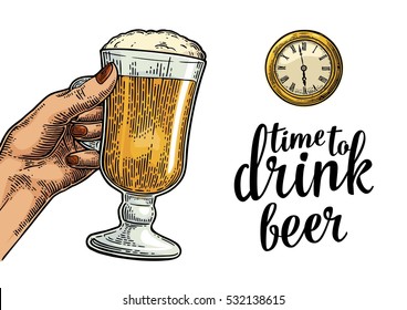 Female Hand Holding Glass Beer And Antique Pocket Watch. Vintage Vector Engraving Illustration For Web, Poster, Invitation To Party. Time To Drink Lettering. Isolated On White Background.