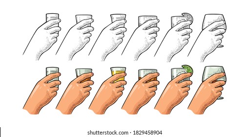 Female hand holding a glass with brandy, tequila, vodka, rum, gin, whiskey. Vintage color vector engraving illustration for label, poster, invitation to party. Isolated on white background