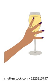 Female hand holding glass of Champagne or sparkling wine. Hand drawn colorful Vector illustration. Celebration concept. Christmas or new year Gretting card, Party Invitation, Poster. Isolated on white