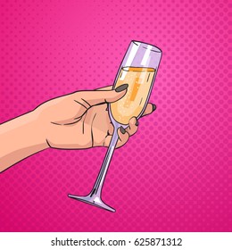 Female Hand Holding Glass Champagne Wine Pop Art Retro Pin Up Background Vector Illustration