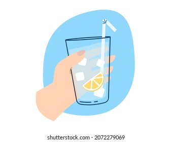 Female Hand, Holding A Glass Of Clean Water. Simple Flat Illustration For Healthy Lifestyle. Drink More Water. Glass Of Cold Water And Fresh Lemons.