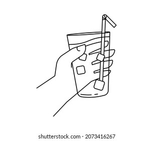 Female hand, holding a glass of clean water. Simple linear illustration for healthy lifestyle. Drink more water. Glass of cold water and fresh lemons.