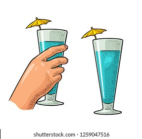 Female hand holding a glass of cocktail with umbrella. Vintage vector color engraving illustration for label, poster, invitation to a party. Isolated on white background