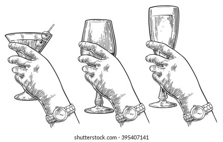 Female hand holding a glass of cocktail, wine, champagne. Vintage vector engraving illustration for label, poster, invitation to a party. Isolated on white background.