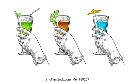 Female hand holding a glass of cocktail. Vintage vector engraving illustration for label, poster, invitation to a party. Isolated on white background