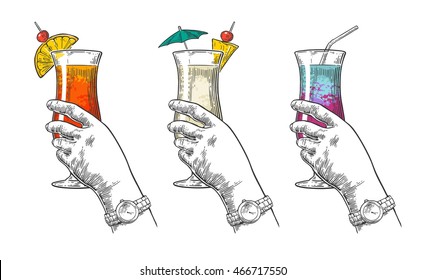 Female hand holding a glass of cocktail. Vintage vector engraving illustration for label, poster, invitation to a party. Isolated on white background