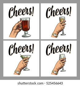 Female hand holding a glass of cocktail, wine, champagne. Cheers toast lettering. Vintage vector color engraving illustration for label, poster, invitation to a party. Isolated on white background.