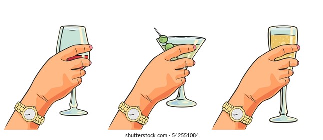 Female hand holding a glass of cocktail, wine, champagne. Vector color flat illustration for label, poster, invitation to a party. Isolated on white background.