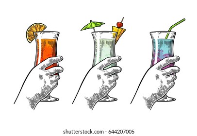 Female hand holding a glass of cocktail. Vintage vector color engraving illustration for label, poster, invitation to a party. Isolated on white background
