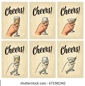 Female hand holding a glass of cocktail, wine, champagne. Cheers toast lettering. Vintage vector color engraving illustration for label, poster, invitation to a party. Isolated on white background.