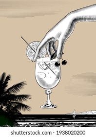 Female hand holding a glass with a fruit cocktail against the sea panorama view. Linear comic black and white stylized drawing. Vector illustration