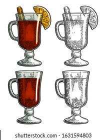 Female hand holding glass of mulled wine with cinnamon stick, orange slice. Vintage color and black vector engraving illustration isolated on white. Hand drawn design element for invitation to party