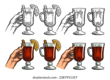 Female hand holding a glass of mulled wine with cinnamon stick and orange slice. Vintage color vector engraving illustration isolated on white. Hand drawn design element for invitation to party