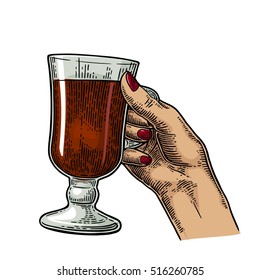 Female hand holding a glass of mulled wine and cocktails. Vintage vector color engraving illustration for label, poster, invitation to a party. Isolated on white background.