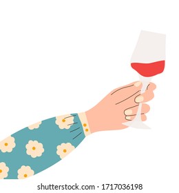 Female hand holding glass of red wine. Woman's hans in bright clothes with memphis pattern holding glass. Alcohol drink. Concept of wine lover. Side view. Flat vector illustration