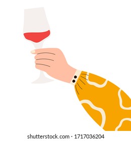 Female hand holding glass of red wine. Woman's hans in bright clothes with memphis pattern holding glass. Alcohol drink. Concept of wine lover. Side view. Flat vector illustration