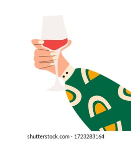 Female hand holding glass of red wine. Woman's hans in bright clothes with memphis pattern holding glass. Alcohol drink. Concept of wine lover. Side view. Flat vector illustration